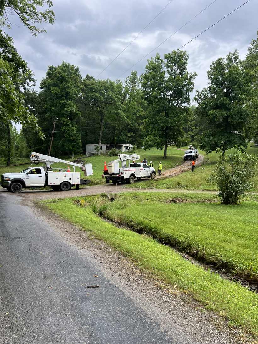 Crews staged on a country road